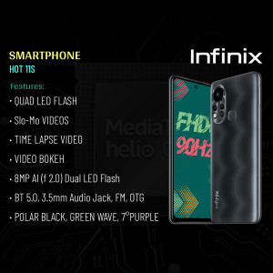 Infinix Hot 11S smartphone with key features highlighted