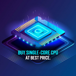 Isometric illustration of a computer processor chip with text 'Buy Single-Core CPU at Best Price'