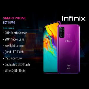 Infinix Hot 9 Pro smartphone with purple gradient back and quad camera setup