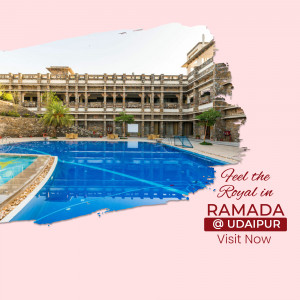 Ramada Udaipur hotel with a swimming pool and fort backdrop