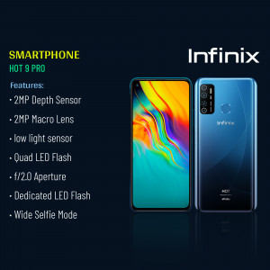 Infinix Hot 9 Pro smartphone with camera features listed