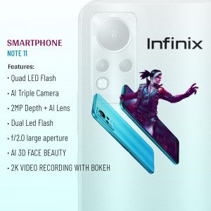 Close-up of the Infinix Note 11 smartphone showcasing its camera and design.