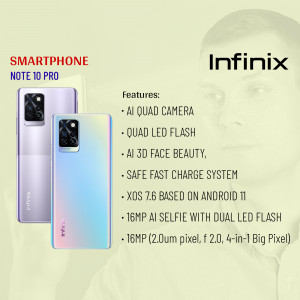 Infinix Note 10 Pro smartphone with key features listed