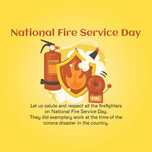 Illustration for National Fire Service Day featuring a firefighter helmet, fire extinguisher, and shield with flames.