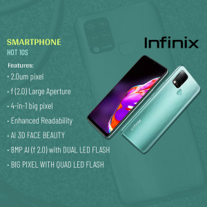 Infinix Hot 10S smartphone with key features listed