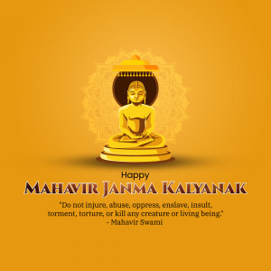 Image depicting Lord Mahavira in a meditative pose with a Mahavir Jayanti greeting.