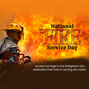 A firefighter silhouette against a fiery background with text 'National Fire Service Day'