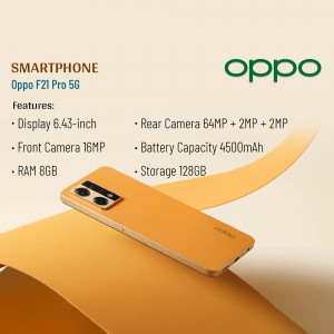 Oppo F21 Pro 5G smartphone in golden color with key specifications listed.