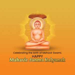 Image of Lord Mahavir in a meditative pose with text celebrating Mahavir Janma Kalyanak