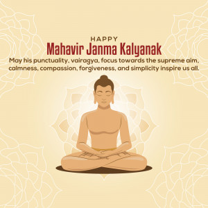 Image depicting Lord Mahavira in a meditative pose with floral background and text wishing Happy Mahavir Jayanti.