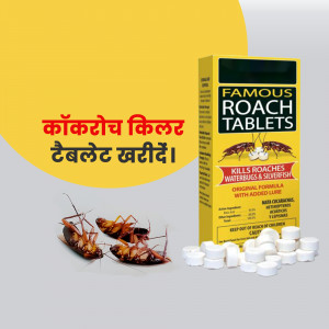 Image of Famous Roach Killer Tablets with cockroaches and white tablets.