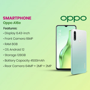 Oppo A16e smartphone with key features listed
