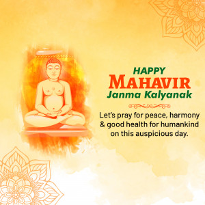Image of Lord Mahavira with text 'Happy Mahavir Janma Kalyanak'