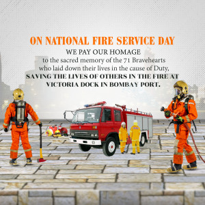 Image commemorating National Fire Service Day with firefighters and a fire truck.