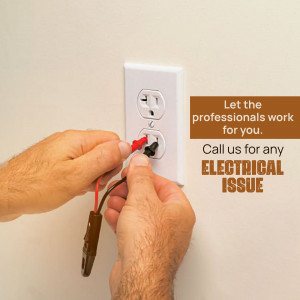 Hands using a voltage tester on an electrical outlet with text promoting professional electrical services.