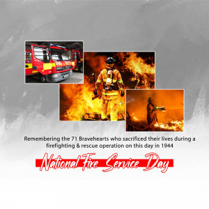 Image commemorating National Fire Service Day with firefighters and fire scenes.