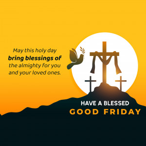 Good Friday greeting with a cross, doves, and a sunset background.