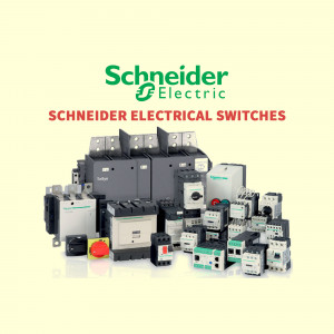 Assortment of Schneider Electric switches, contactors, and electrical components.