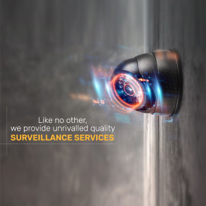 Close-up of a modern surveillance camera mounted on a wall, with a glowing lens and text promoting surveillance services.