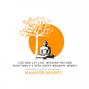 Image depicting Lord Mahavir in a meditative pose with a golden circle and tree, wishing a Happy Mahavir Jayanti.