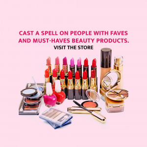 Assortment of makeup products including lipsticks, foundation, eyeshadow palettes, and nail polish.