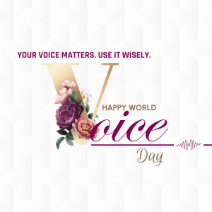 Floral letter V with text 'Your Voice Matters' and 'Happy World Voice Day'