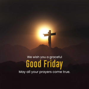 Silhouette of a cross against a sunset background with Good Friday greeting