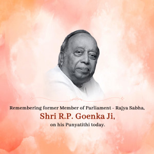 Portrait of Shri R.P. Goenka Ji with a pink watercolor background and text commemorating his Punyatithi.