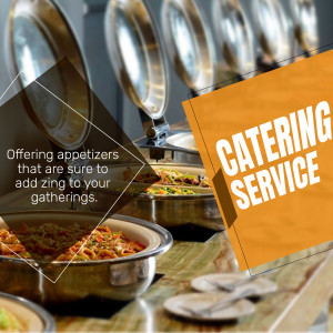 Buffet catering service with various dishes and a promotional graphic.