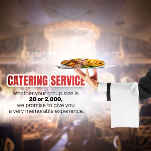 Waiter serving a platter of food in a banquet hall, advertising catering services.