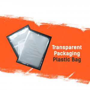 Close-up of a transparent plastic bag with black edges on a vibrant orange background.