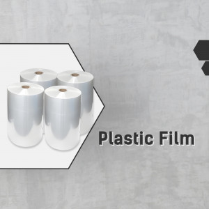 Four rolls of shiny plastic film on a white hexagonal platform with the text 'Plastic Film'