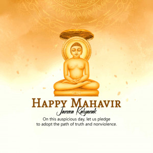 Image of Lord Mahavira in a meditative pose with text 'Happy Mahavir Jayanti'