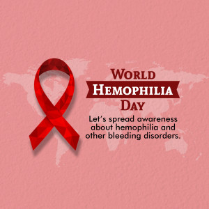 Red ribbon with World Hemophilia Day text and world map background