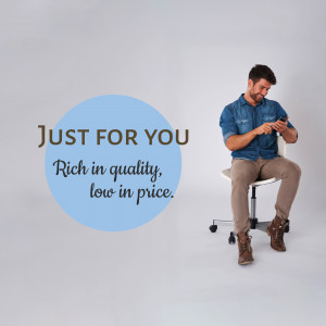 Man sitting in a chair looking at his phone with text 'Just For You'