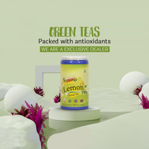 Close-up of a Lemon Herbal Tea can on a pedestal with decorative elements.