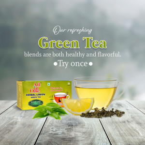 A promotional image of Ali Herbal Lemon Green Tea with a glass of tea, lemon slice, and tea leaves.