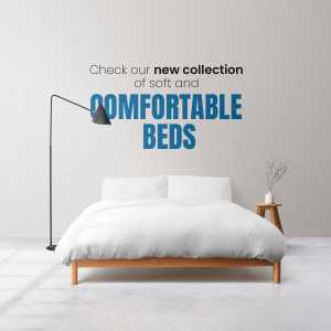 Image of a bed with the text 'Comfortable Beds' displayed prominently.