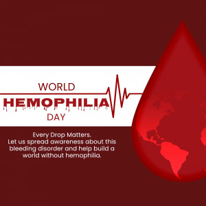 World Hemophilia Day graphic with a blood drop and heartbeat line.