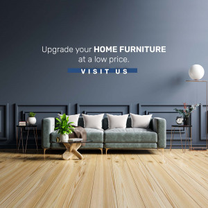 Modern living room with a gray sofa and wooden flooring, promoting a furniture sale.