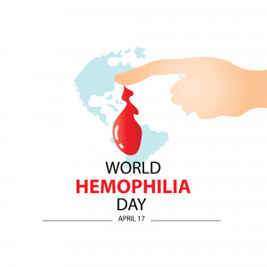 Illustration depicting a hand touching a drop of blood over a world map with the text 'World Hemophilia Day - April 17'