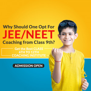 A young student wearing sunglasses and a yellow kurta, promoting JEE/NEET coaching from class 9th.