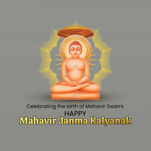Illustration of Lord Mahavir in a meditative pose with a halo and rays of light, celebrating Mahavir Janma Kalyanak.
