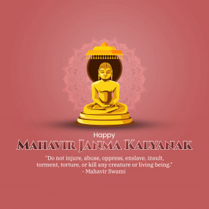 Image of Lord Mahavira in a meditative pose with text 'Happy Mahavir Jayanti'