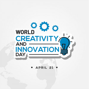 Graphic illustration for World Creativity and Innovation Day featuring gears, a lightbulb, and text.