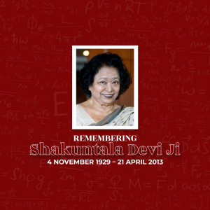 Portrait of Shakuntala Devi with mathematical equations in the background