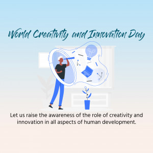 Illustration for World Creativity and Innovation Day featuring a person looking through a telescope-shaped portal with creative elements.