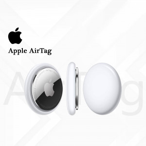 Close-up of Apple AirTag tracking device, showing front and side view.