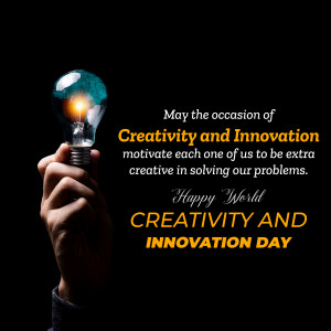 Hand holding a glowing lightbulb with text celebrating Creativity and Innovation Day
