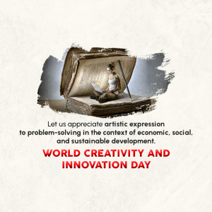 Image depicting a person reading inside an open book with text celebrating World Creativity and Innovation Day.
